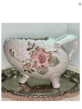 Victorian Style Japanese Porcelain Rose Planter Textured Footed Vase Gold Trim